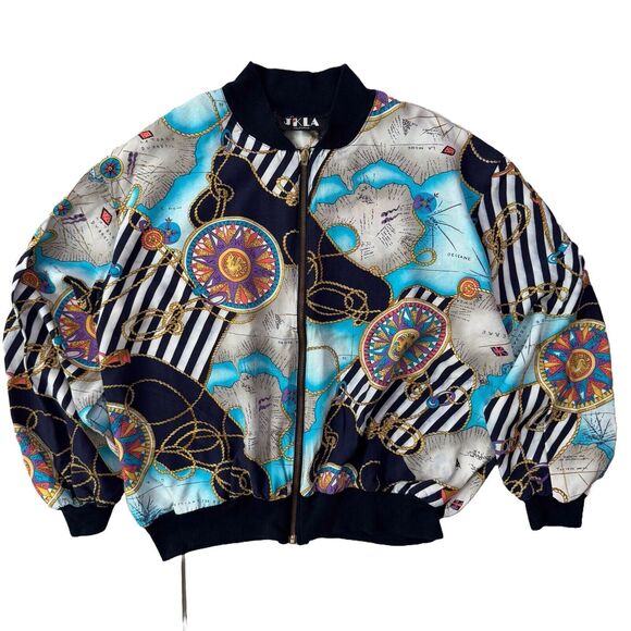 Jackets & Blazers - Vintage 90s JKLA Womens M Lightweight Colorful Baroque Map Zip Bomber Jacket